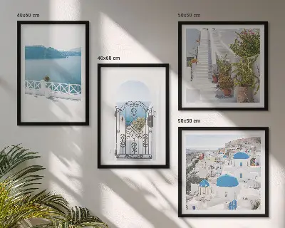 Set of 4 wall art pieces featuring white stairs, plants, and the sea