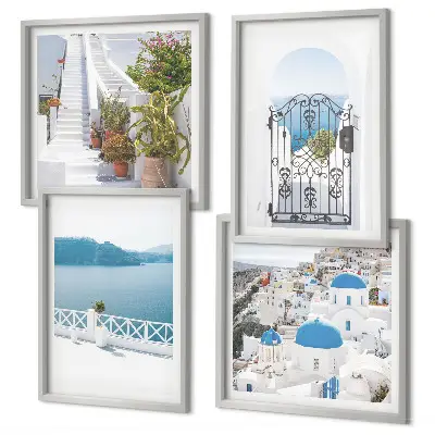 Set of 4 wall art pieces featuring white stairs, plants, and the sea