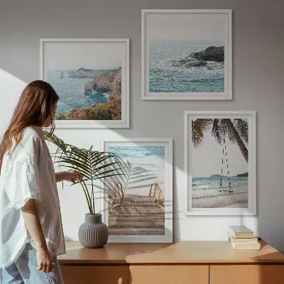 Multi-piece wall decor set featuring a beach and sea view with a swing