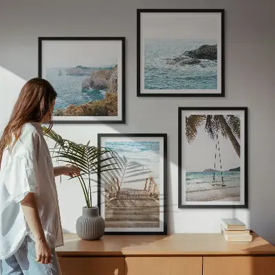 Multi-piece wall decor set featuring a beach and sea view with a swing