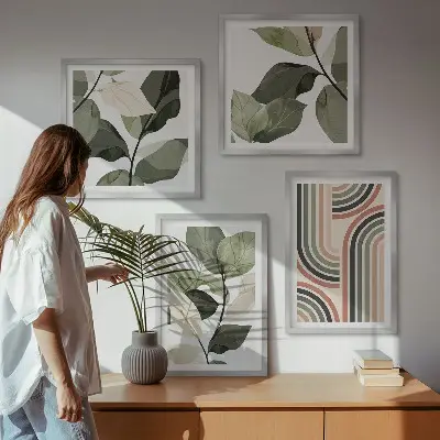 Multi-piece wall decor set with geometric plant motifs