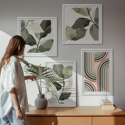 Multi-piece wall decor set with geometric plant motifs