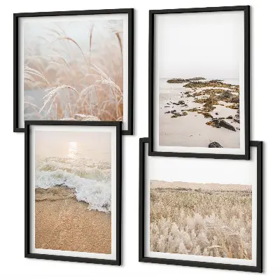 Wall art set beach waves with stones in summer