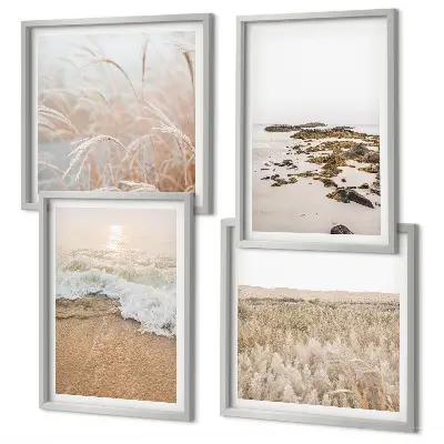 Wall art set beach waves with stones in summer