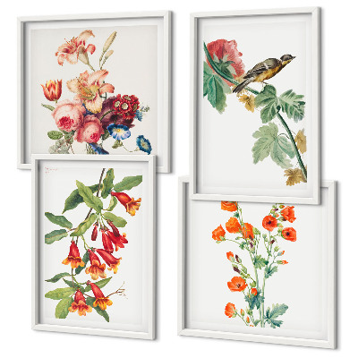 Set of 4 wall art pieces Painted flowers retro bird