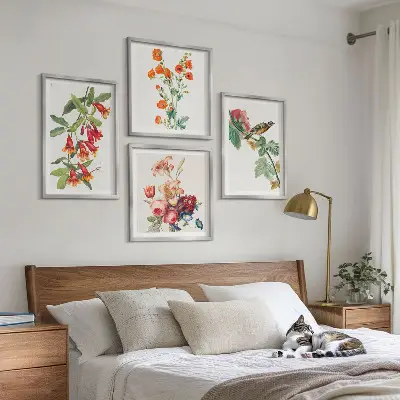 Painted flowers retro bird wall art set of 4 pieces