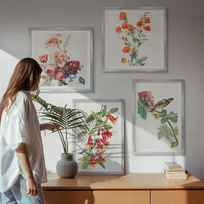 Painted flowers retro bird wall art set of 4 pieces