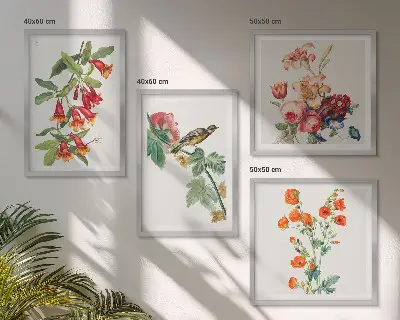 Painted flowers retro bird wall art set of 4 pieces