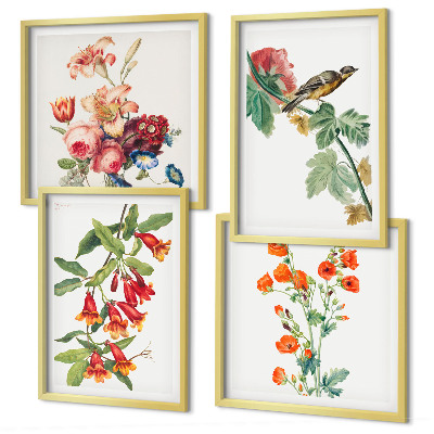 Set of 4 wall art pieces Painted flowers retro bird