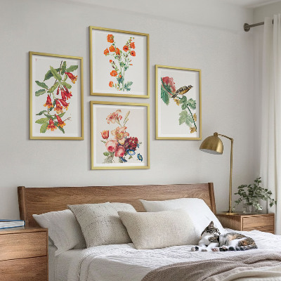 Set of 4 wall art pieces Painted flowers retro bird