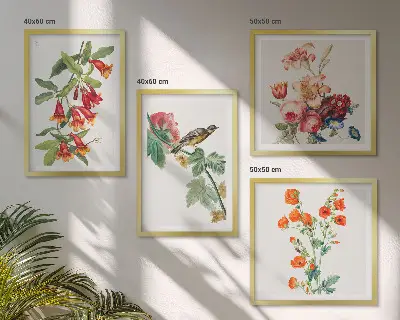 Painted flowers retro bird wall art set of 4 pieces