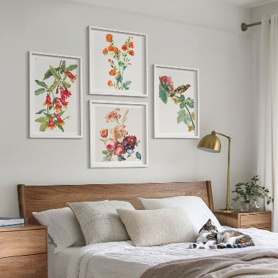 Set of 4 wall art pieces Painted flowers retro bird