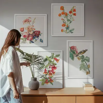 Painted flowers retro bird wall art set of 4 pieces