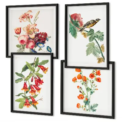 Painted flowers retro bird wall art set of 4 pieces