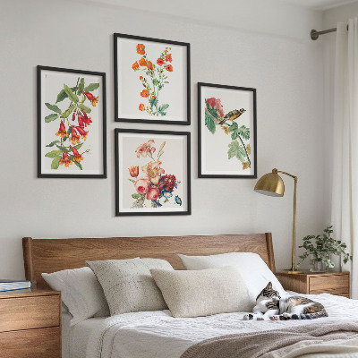 Set of 4 wall art pieces Painted flowers retro bird