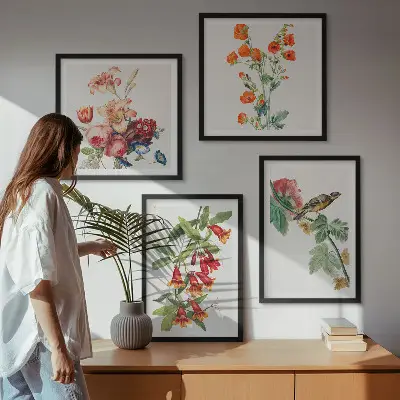 Painted flowers retro bird wall art set of 4 pieces