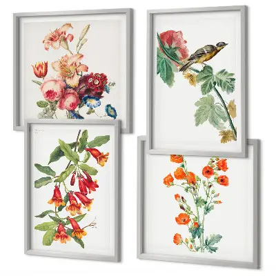 Painted flowers retro bird wall art set of 4 pieces