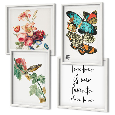 Set of 4 wall art pieces Flowers butterflies bird pastel