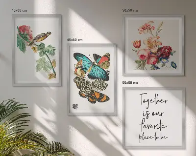Set of 4 wall art pieces featuring flowers, butterflies, and birds in pastel colors