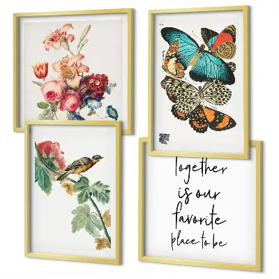 Set of 4 wall art pieces featuring flowers, butterflies, and birds in pastel colors
