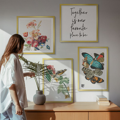 Set of 4 wall art pieces Flowers butterflies bird pastel