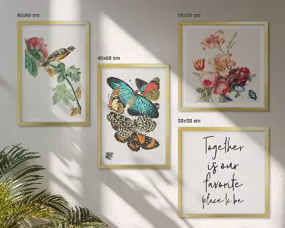 Set of 4 wall art pieces featuring flowers, butterflies, and birds in pastel colors