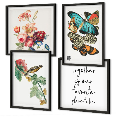 Set of 4 wall art pieces Flowers butterflies bird pastel