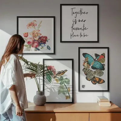Set of 4 wall art pieces featuring flowers, butterflies, and birds in pastel colors