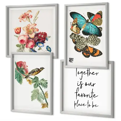 Set of 4 wall art pieces featuring flowers, butterflies, and birds in pastel colors