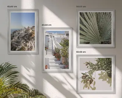 Wall art set featuring a view of white stairs in Santorini