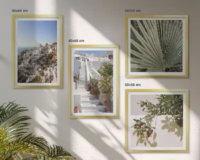 Wall art set featuring a view of white stairs in Santorini