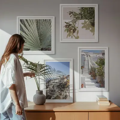 Wall art set featuring a view of white stairs in Santorini