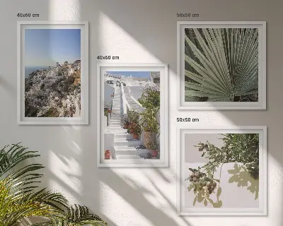 Wall art set featuring a view of white stairs in Santorini