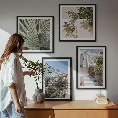 Wall art set featuring a view of white stairs in Santorini