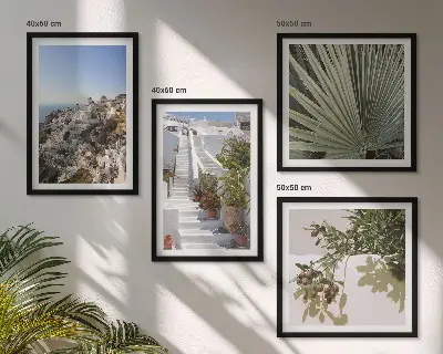 Wall art set featuring a view of white stairs in Santorini