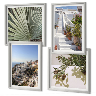 Wall art set White stairs Santorini view