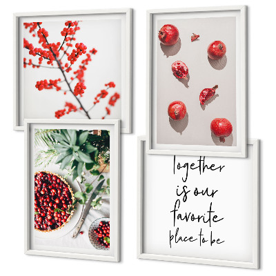 Set of 4 wall art pieces Red fruits of plants minimalism