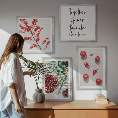 Set of 4 wall art pieces Red fruits of plants minimalism