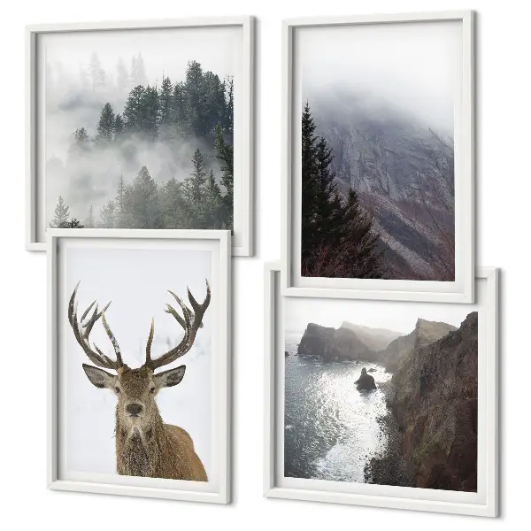 Multi-piece wall decor set featuring a mountain landscape with fog and deer