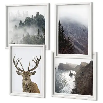Multi-piece wall decor set featuring a mountain landscape with fog and deer