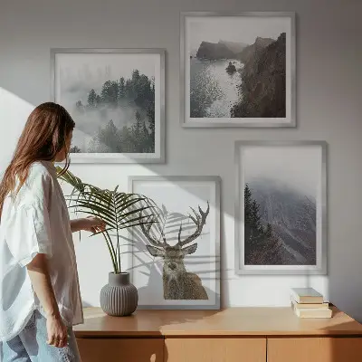 Multi-piece wall decor set featuring a mountain landscape with fog and deer
