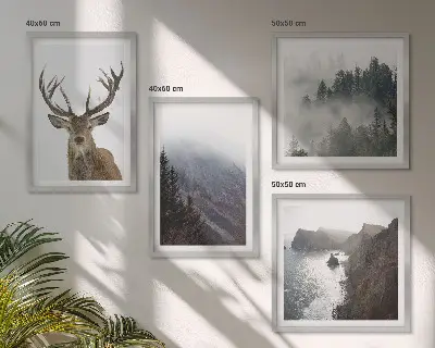 Multi-piece wall decor set featuring a mountain landscape with fog and deer