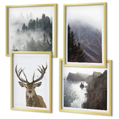 Multi-piece wall decor set featuring a mountain landscape with fog and deer