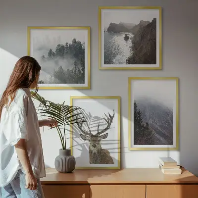 Multi-piece wall decor set featuring a mountain landscape with fog and deer