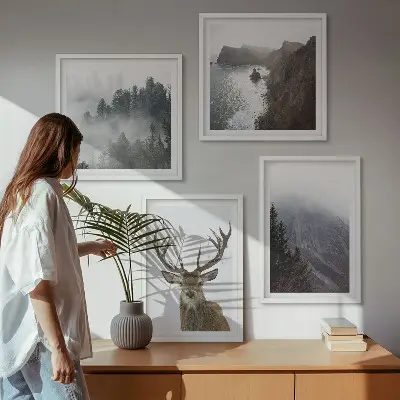 Multi-piece wall decor set featuring a mountain landscape with fog and deer