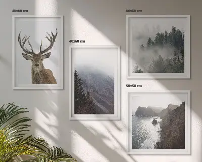 Multi-piece wall decor set featuring a mountain landscape with fog and deer