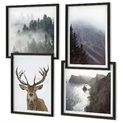 Multi-piece wall decor set featuring a mountain landscape with fog and deer
