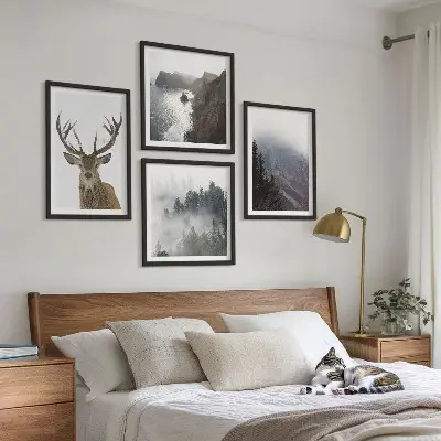 Multi-piece wall decor set featuring a mountain landscape with fog and deer