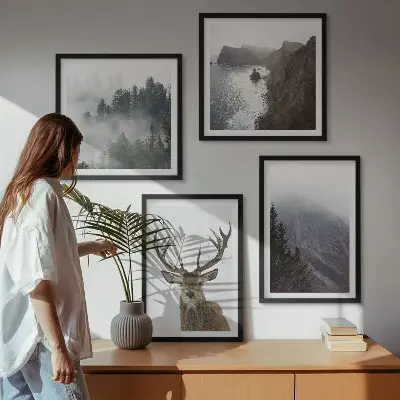 Multi-piece wall decor set featuring a mountain landscape with fog and deer