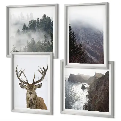 Multi-piece wall decor set featuring a mountain landscape with fog and deer